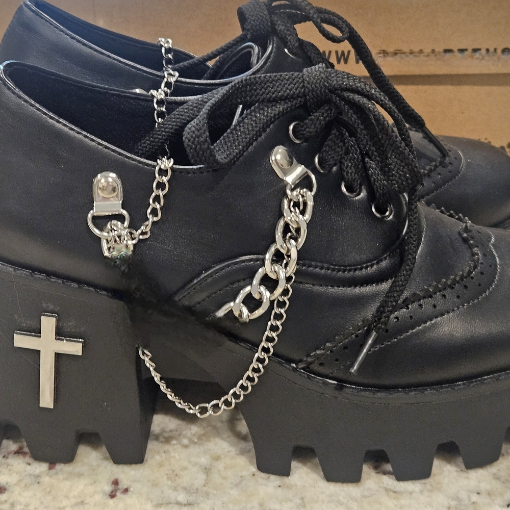 Black Chunky Platform Oxford Shoes with Silver Chains